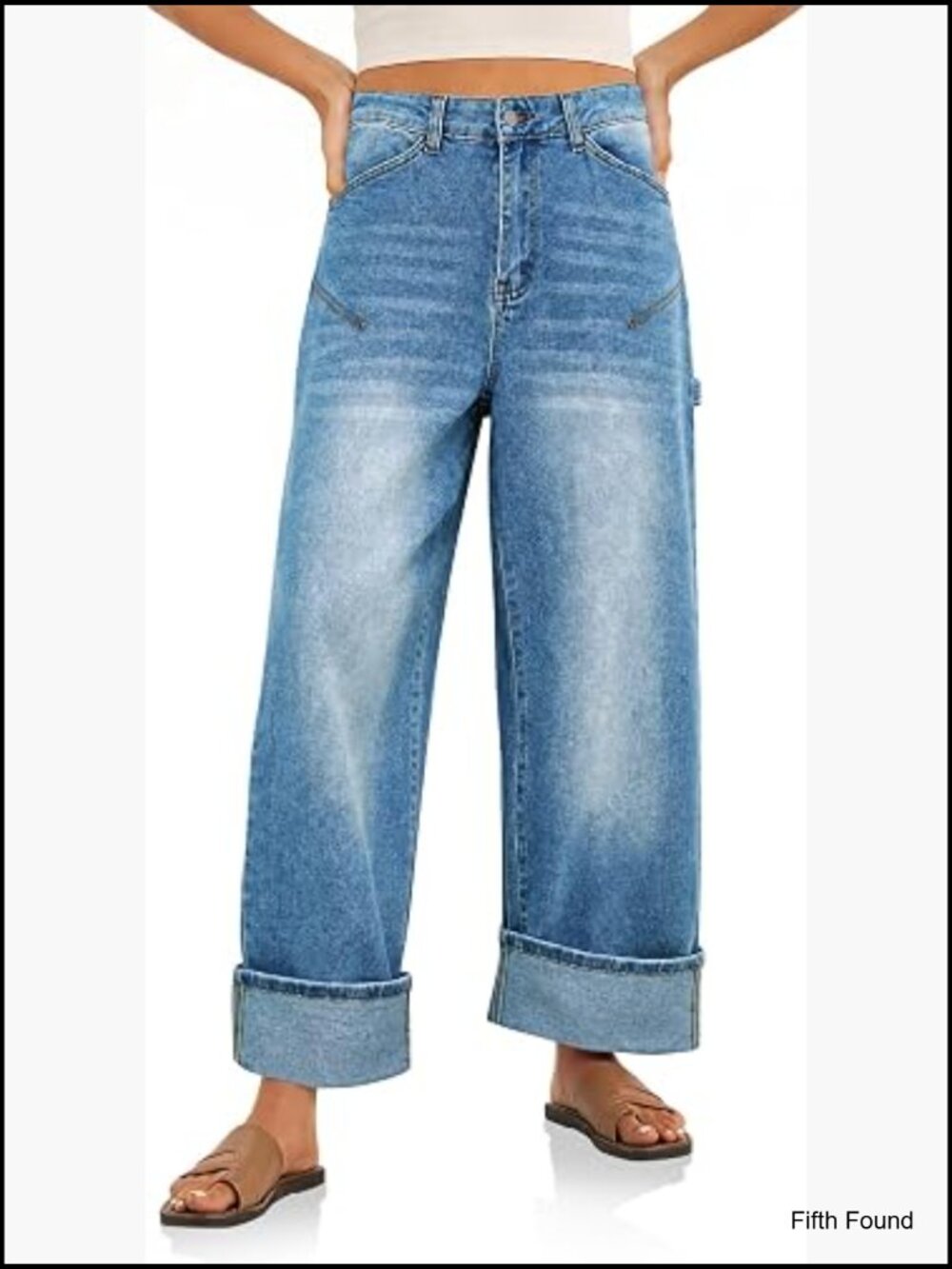 High Waisted Wide Leg Cuffed Denim Jeans Baggy Pants with Pockets
